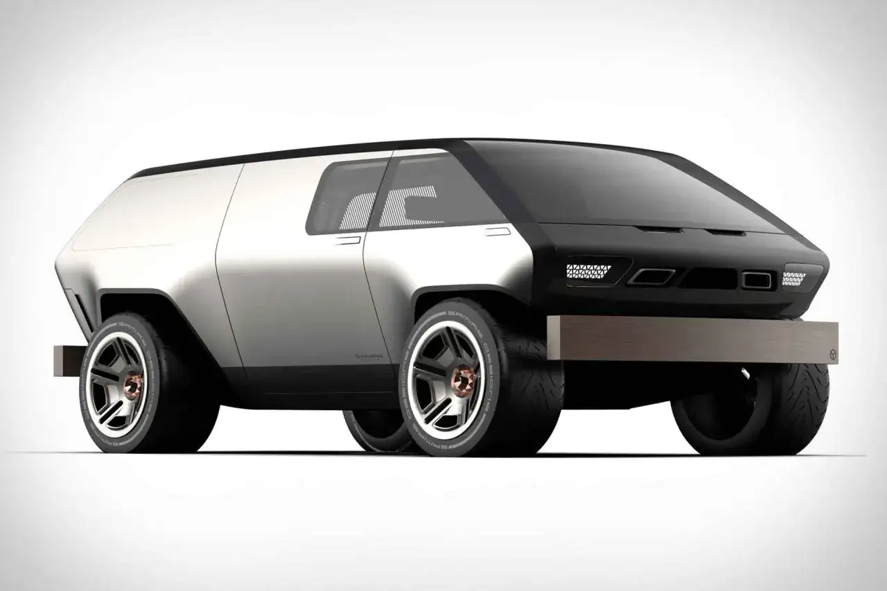 Futuristisk Brubaker Box-konceptbil med en unik, kantig design och tr&auml;detaljer.