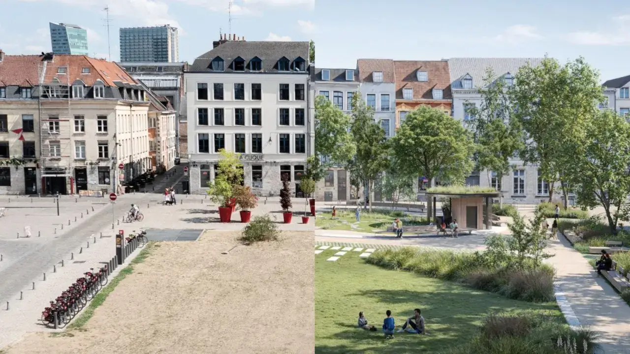 Avant/après : une place de Lille transformée en parc verdoyant. Idéal pour savoir que faire à Lille et profiter du soleil.