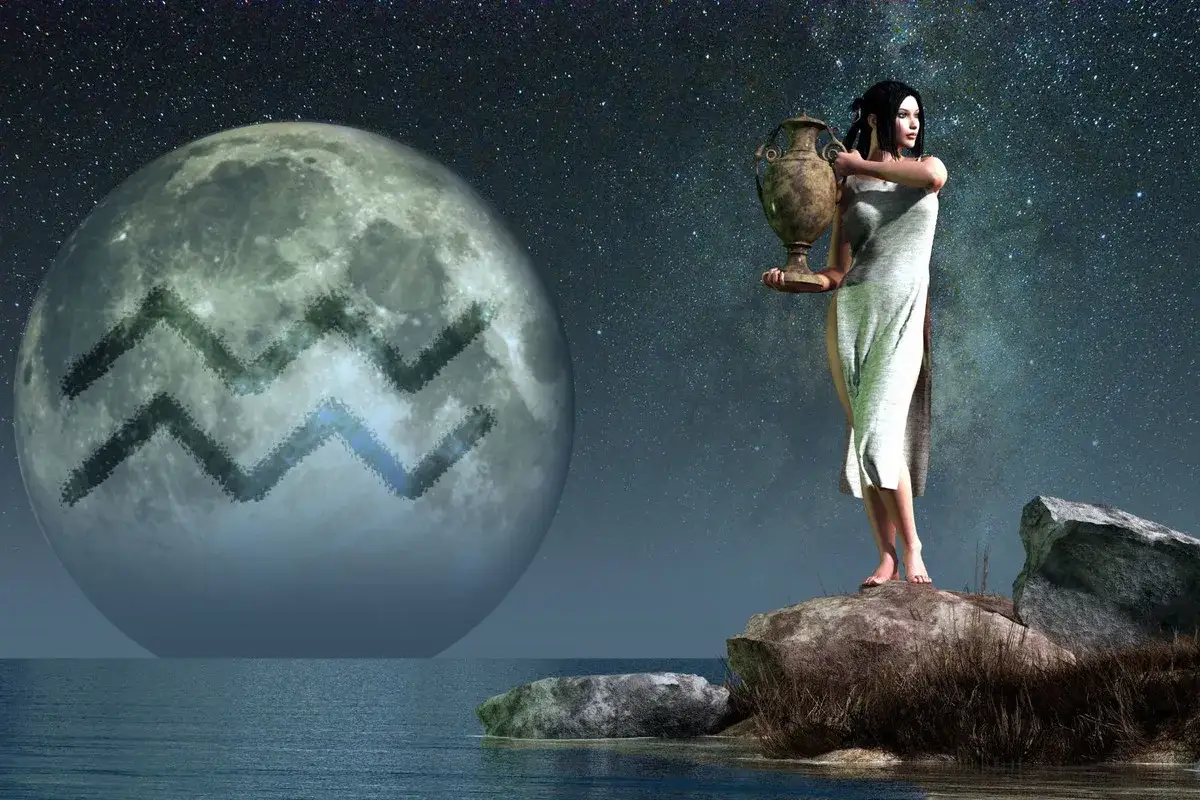 Kobieta z wazą na tle księżyca z symbolem Wodnika. Wodnik w ascendencie, nocne niebo pełne gwiazd.