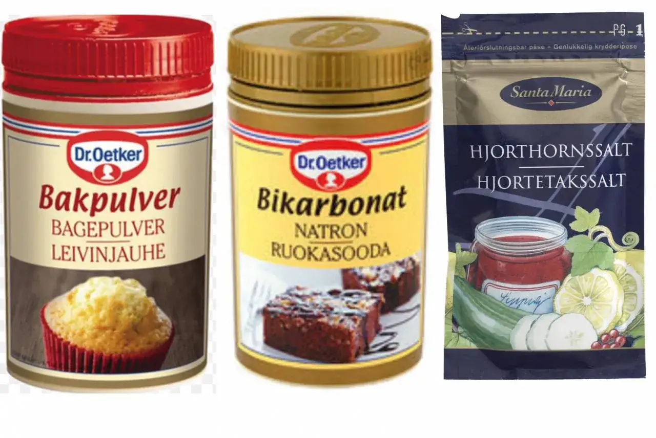 Dr. Oetker bakpulver och bikarbonat, samt Santa Maria hjorthornssalt. Perfekt f&ouml;r bakning!