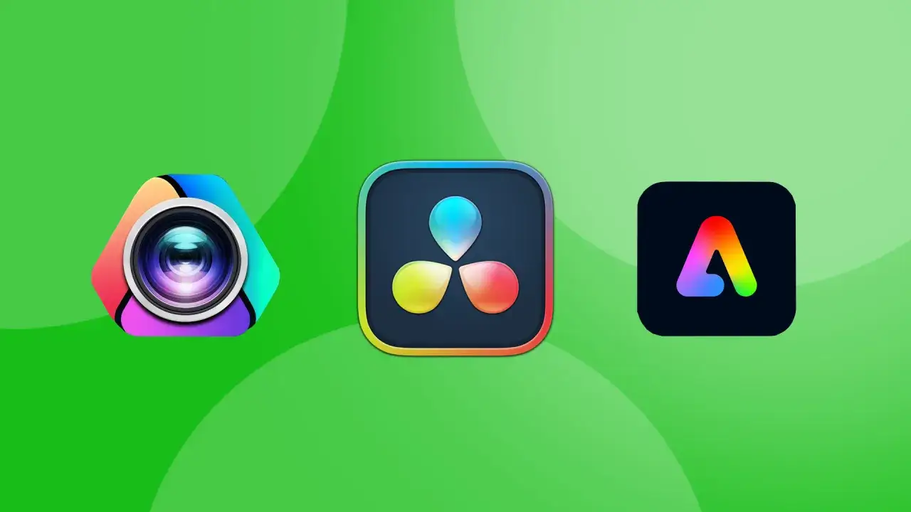 Ikony program&oacute;w do montowania film&oacute;w: Final Cut Pro, DaVinci Resolve i Adobe Premiere Rush.