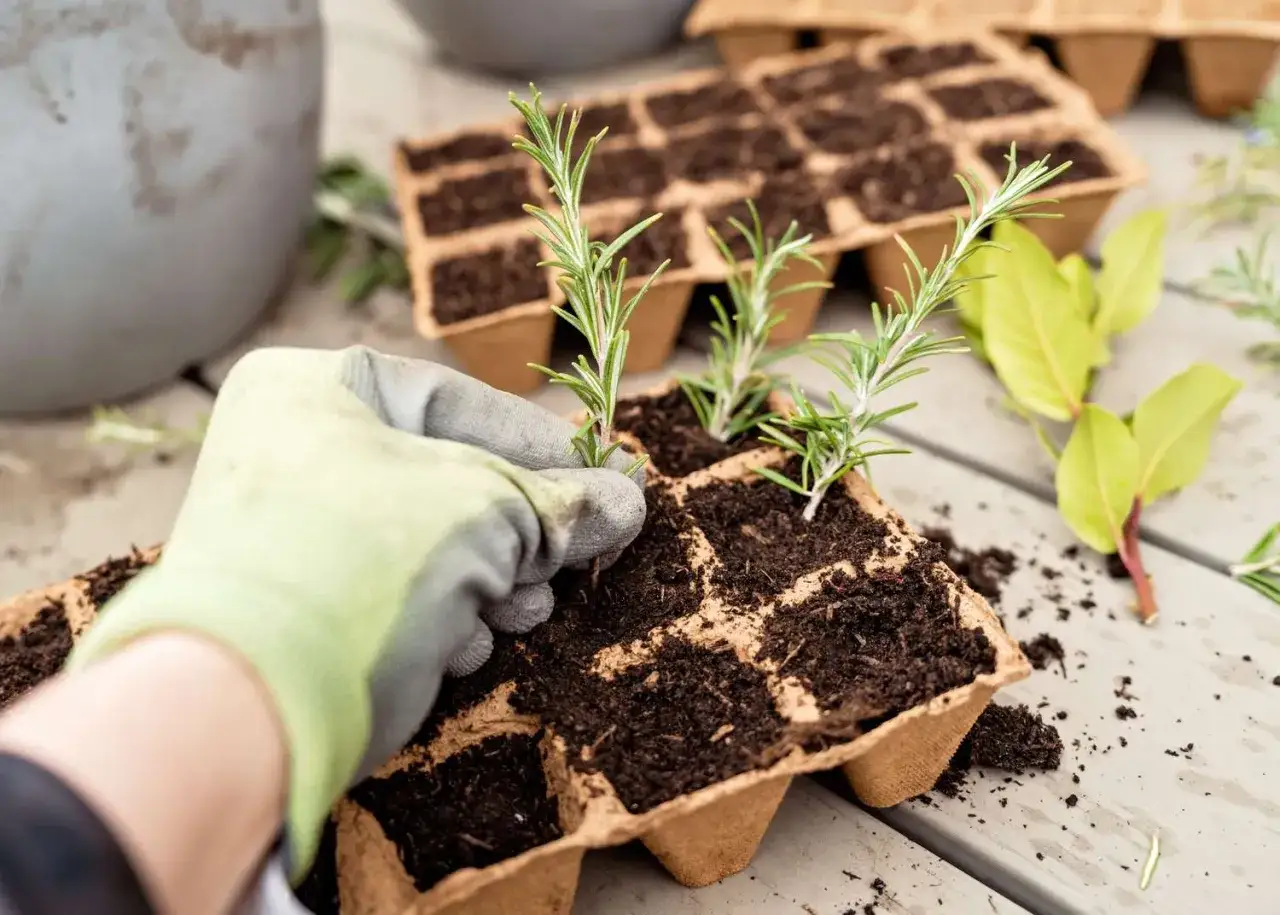 A gloved hand plants rosemary cuttings in peat pots, demonstrating how to grow rosemary from cuttings.