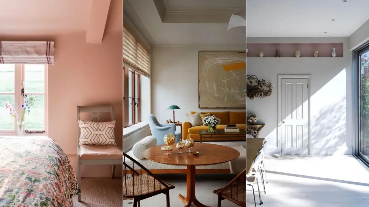 Drei Räume mit viel Licht. Ein Schlafzimmer mit rosa Wänden und einem Fenster ohne Gardinen, ein Wohnzimmer mit einem gelben Sofa und ein heller Flur mit einer weißen Tür.