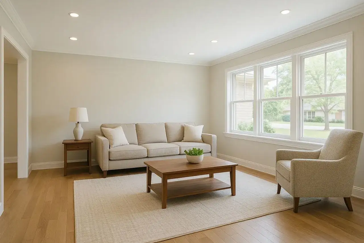 Sala de estar con sofá beige, mesa de centro de madera y sillón. El techo liso y las molduras blancas resaltan la iluminación empotrada.