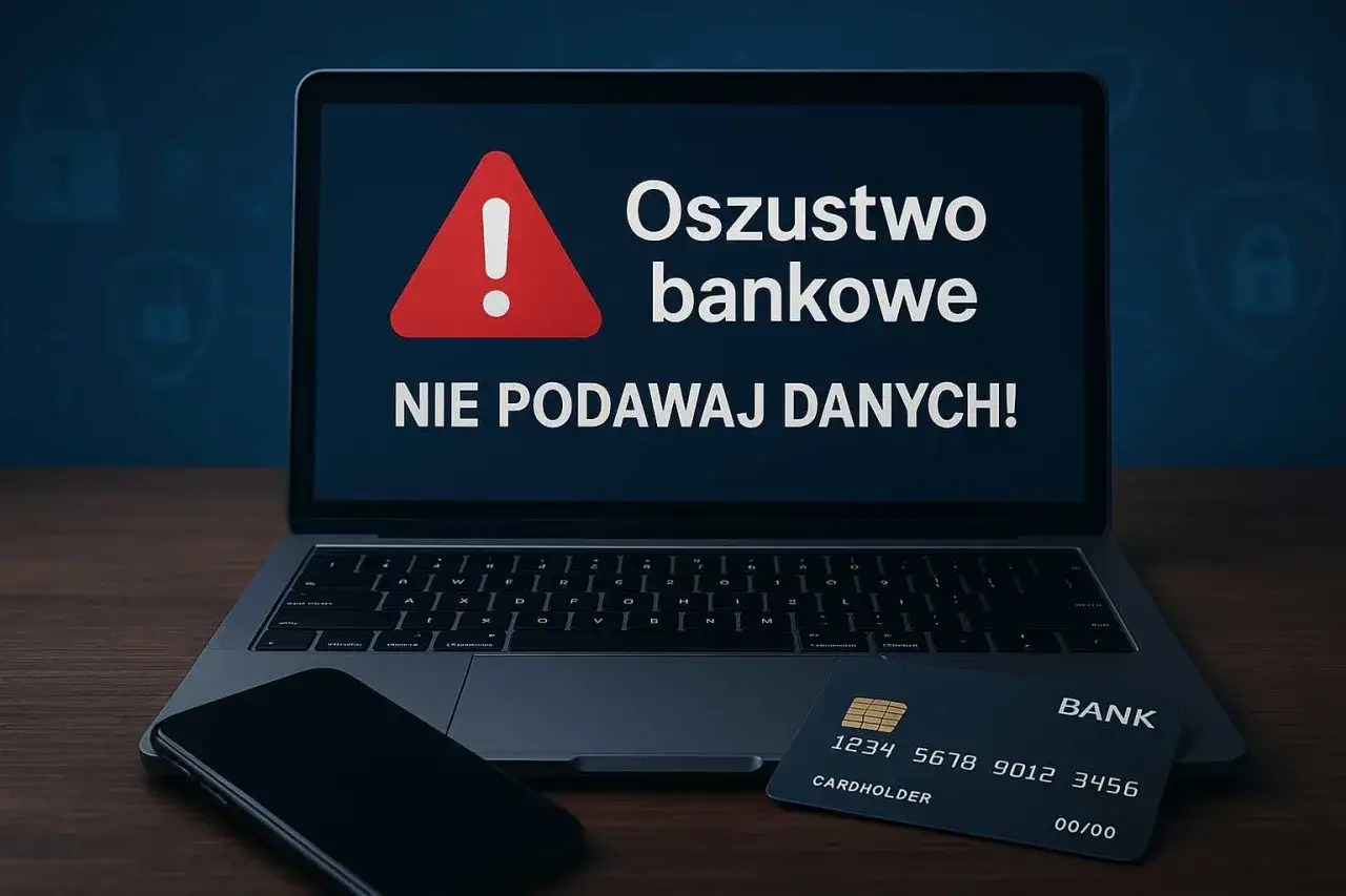 Laptop z ostrzeżeniem o oszustwie bankowym. Nie podawaj danych! Obok leży karta płatnicza i telefon.