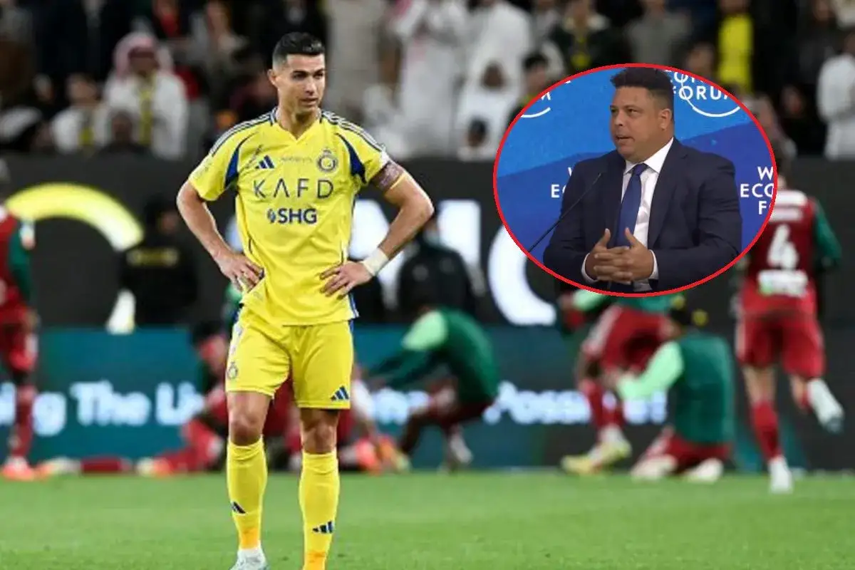 Piłkarz w żółtej koszulce obok wizerunku Ronalda Nazario de Limy w garniturze.
