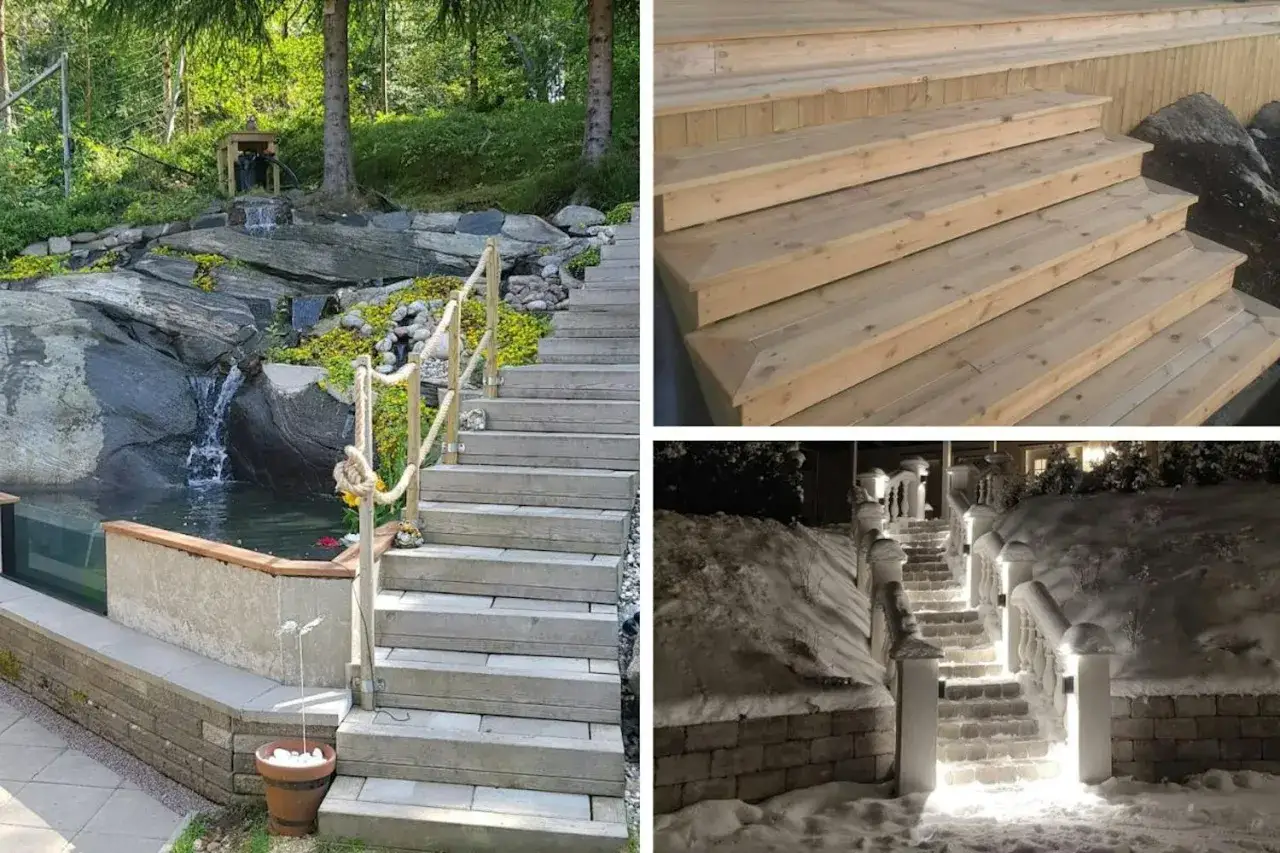 Bygga trappa på berg vid en damm med vattenfall. Trätrappor som leder uppför en stenig sluttning, vackert belyst i snö.
