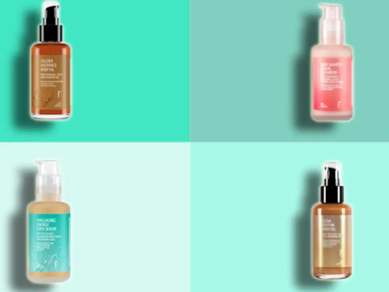 Cuatro botellas de productos de cuidado corporal y facial. ¡Lee las opiniones sobre estos productos!