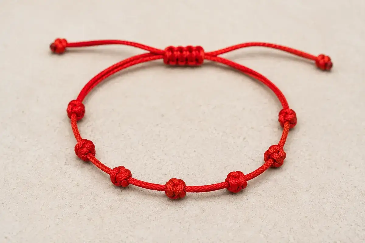 Pulsera roja con siete nudos, cada uno contando una parte de su historia.
