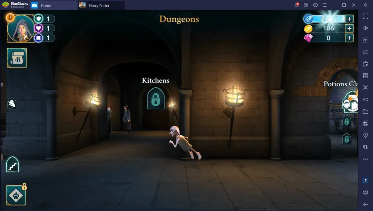 W lochach Hogwartu, w grach Harry Potter, Dobby ucieka przed uczniami.