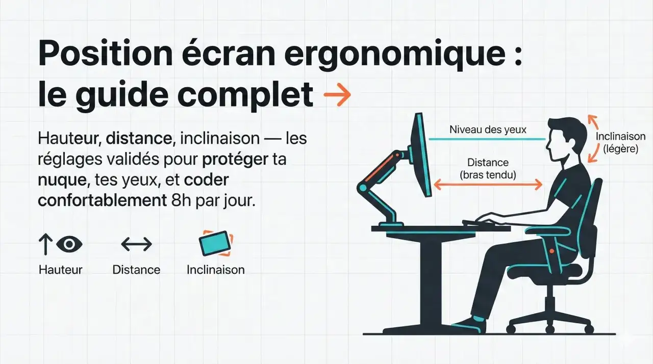 Guide pour la hauteur &eacute;cran pc, distance et inclinaison. Illustration d'une personne assise &agrave; un bureau, avec des fl&egrave;ches indiquant les r&eacute;glages ergonomiques.