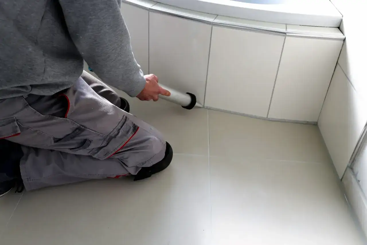Hand dichtet mit Kartusche die Fliesenfugen am Bad ab.