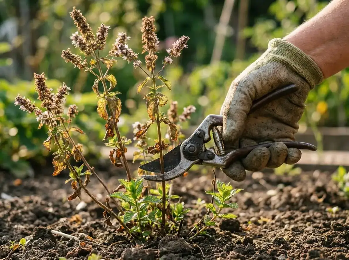 Main tenant d'une cisaille, une main gantée coupe une plante de menthe. Le bon moment pour la taille et l'entretien de la menthe est crucial pour sa croissance.
