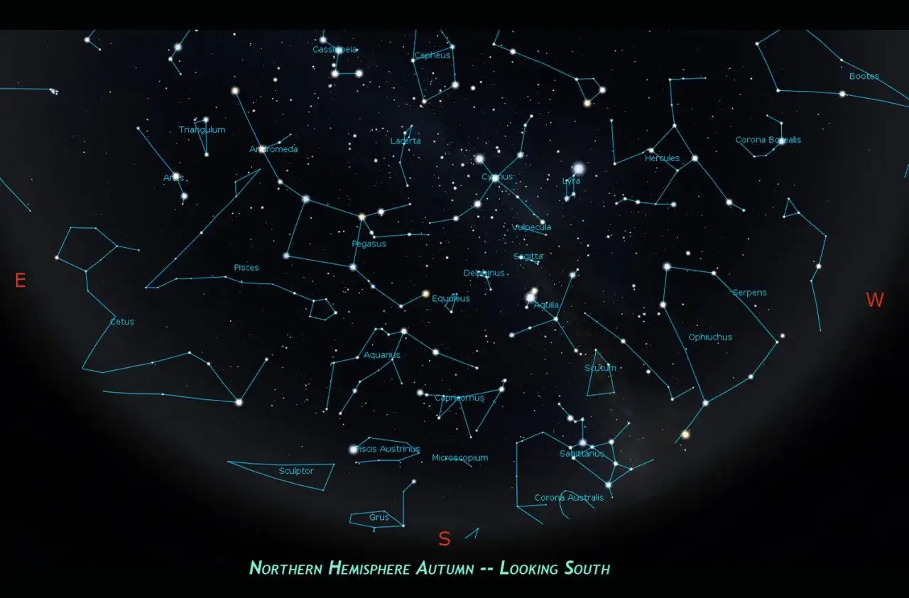 Gwiazdozbi&oacute;r Ryby (Pisces) widoczny na nocnym niebie jesienią, obok Pegaza i Barana.