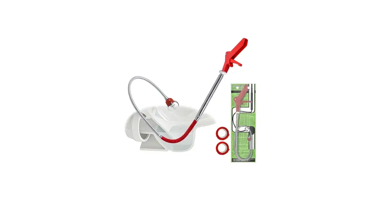 A toilet auger tool, a clever way to unclog toilet without plunger. It has a flexible cable and a red handle.
