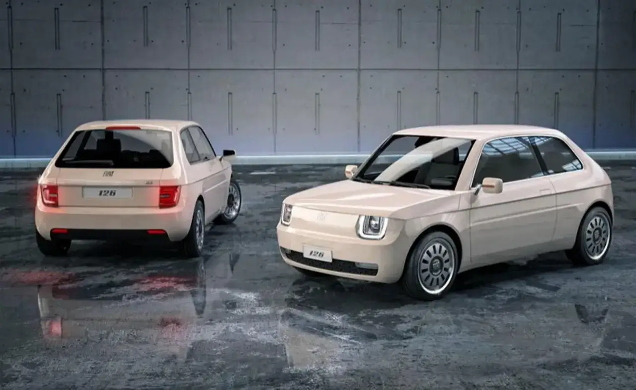 Nowy Fiat 126p w nowoczesnym wydaniu, z klasycznymi liniami i odświeżonym designem, prezentuje się na tle betonowej ściany.