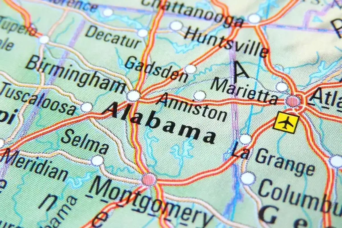 Map of Alabama showing cities like Birmingham, Montgomery, and Huntsville. Planning a drone flight? Check Alabama drone laws before takeoff.
