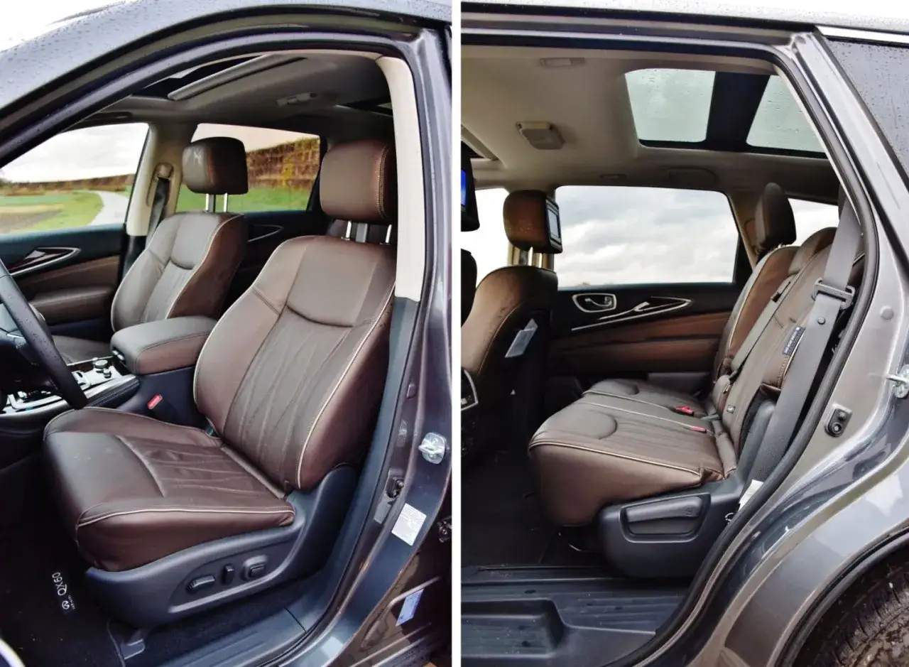 Wnętrze Infiniti QX60 z brązową skórzaną tapicerką i panoramicznym dachem.