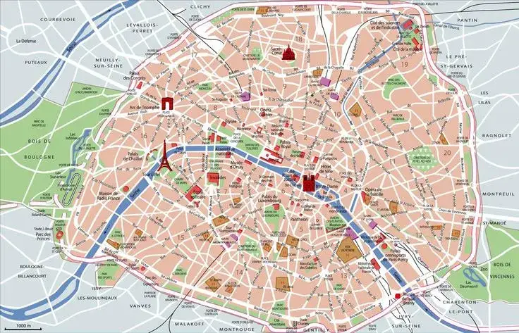 Mapa dzielnic Paryża z zaznaczonymi atrakcjami turystycznymi