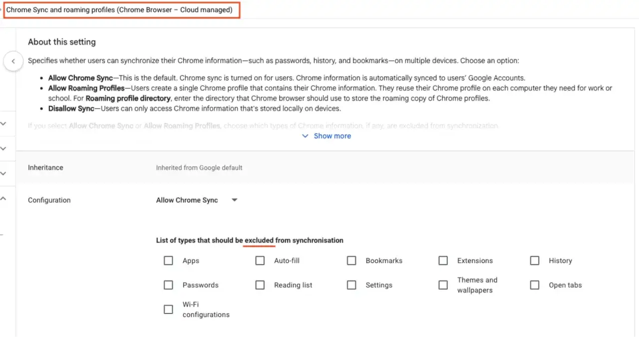 Ustawienia synchronizacji zakładek Chrome. Możliwość wyboru, kt&oacute;re dane mają być synchronizowane lub wykluczone.