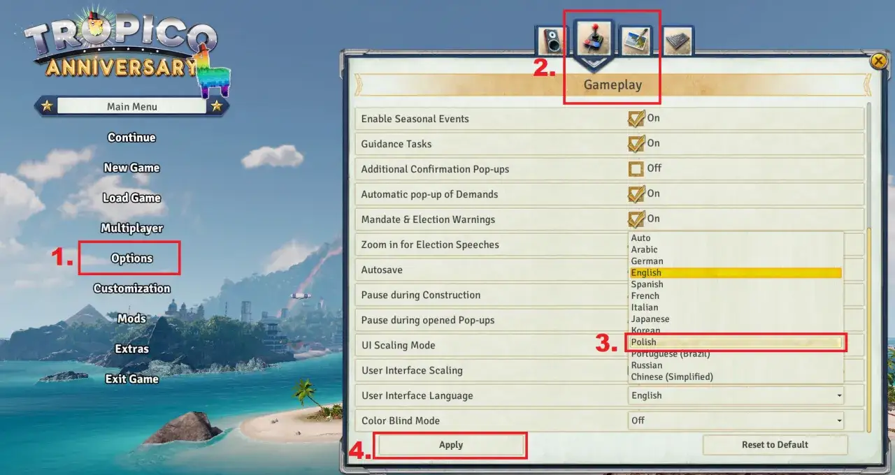 Tropico 6: Spolszczenie. W menu Opcje, zakładka Gameplay, wybierz język polski, by cieszyć się grą po polsku.