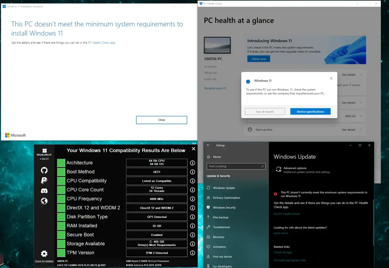 Datorn uppfyller inte kraven f&ouml;r Windows 11. PC Health Check ger information om **windows 10 support** och vad som kan g&ouml;ras.
