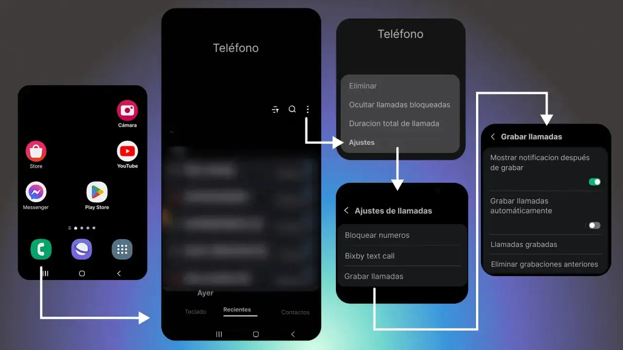 Gu&iacute;a para saber como grabar una llamada en tu tel&eacute;fono. Muestra los pasos desde la pantalla principal hasta la opci&oacute;n de grabar llamadas.