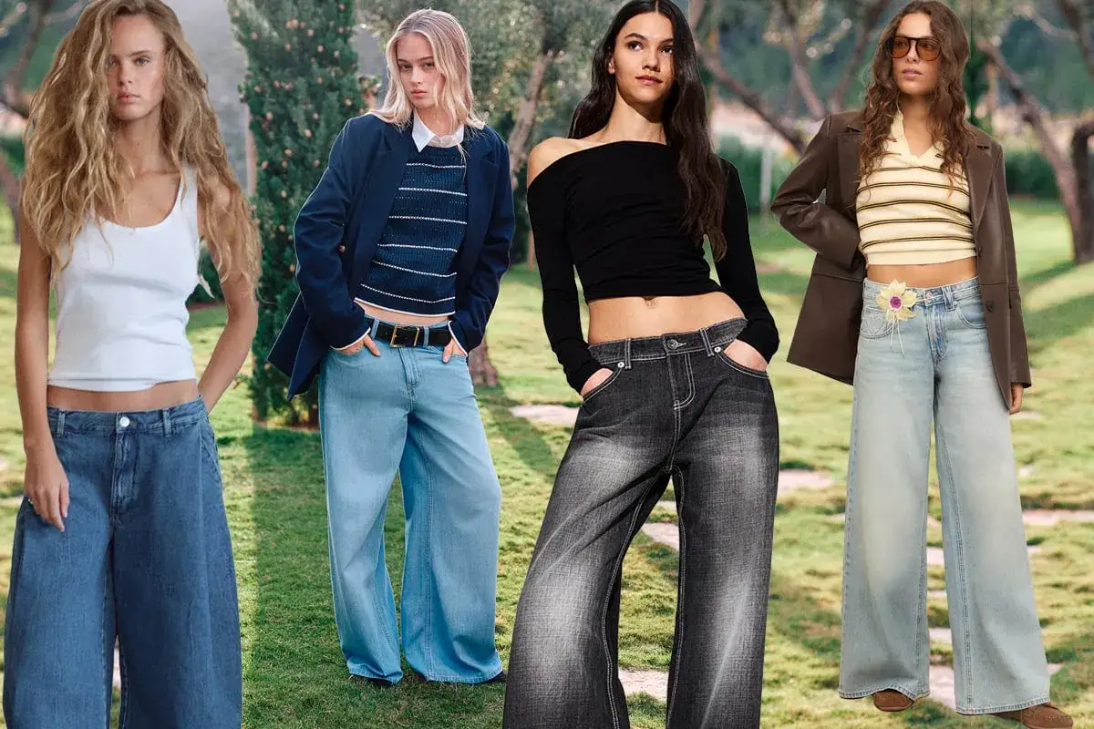 Quattro modelle indossano jeans a vita bassa: modelli ampi e svasati che valorizzano diverse fisicit&agrave;, perfetti per un look casual e alla moda.