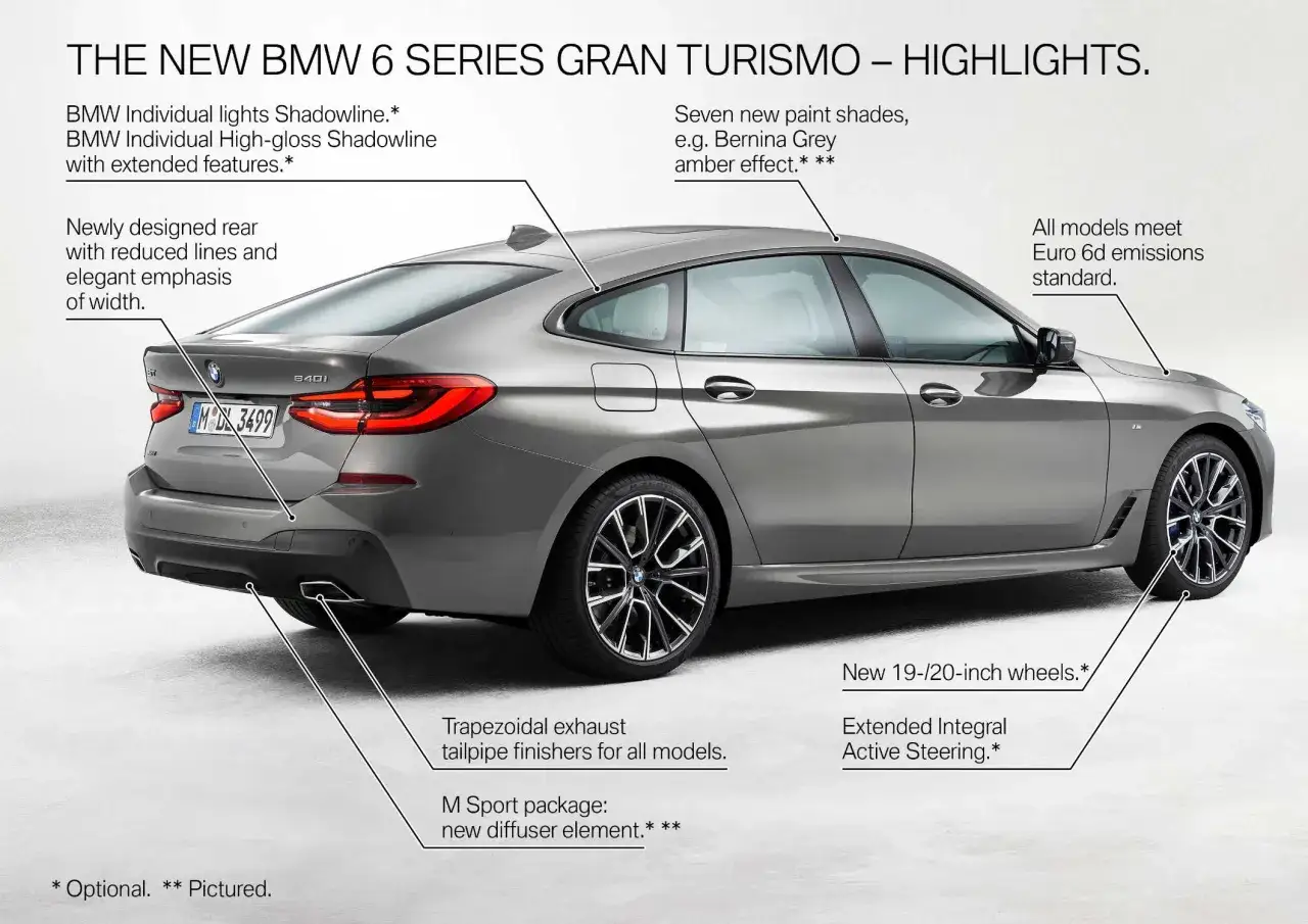 Eleganckie BMW 6 GT w kolorze Bernina Grey z nowymi światłami Shadowline i felgami 19-/20-calowymi.