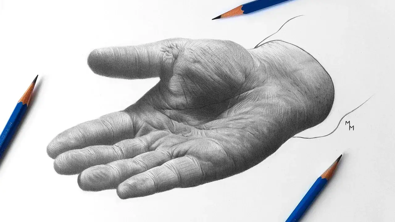 Un dessin réaliste d'une main ouverte, avec des ombres profondes et des détails de peau. Des crayons entourent l'œuvre, suggérant le processus créatif.