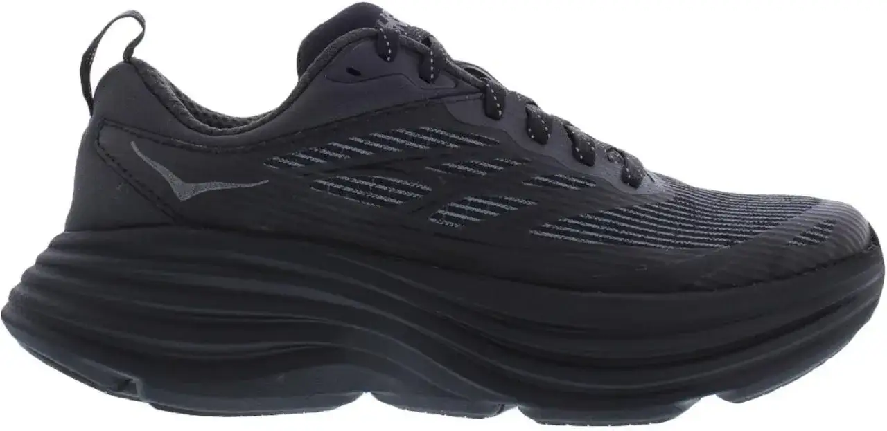 Svart löparsko, Hoka One One Bondi 8, med tjock, vågig mellansula och Hoka-logga.