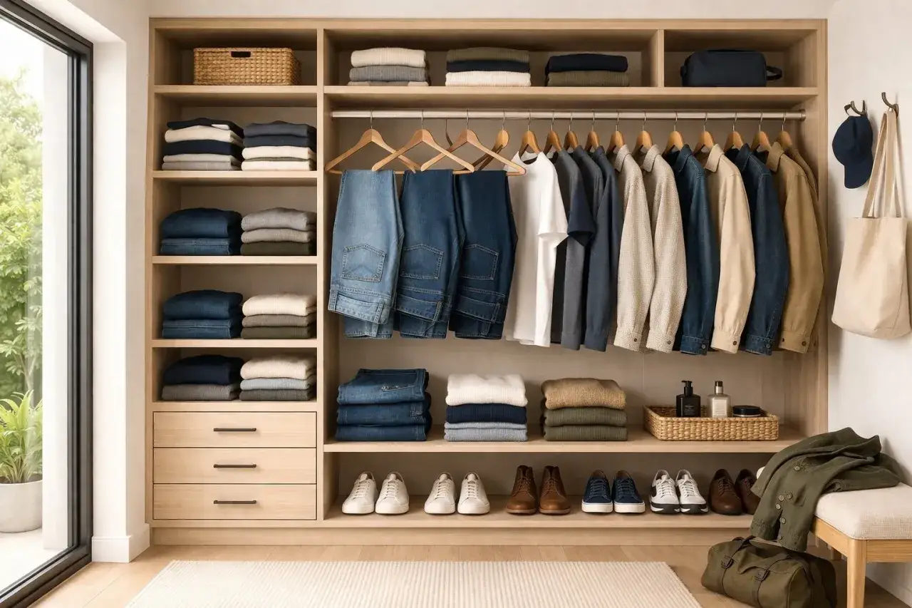 Ordentliche Garderobe mit Stapeln von Kleidung und Kleiderb&uuml;geln, die die Prinzipien der Slow Fashion-Definition widerspiegeln: Qualit&auml;t, Langlebigkeit und bewusster Konsum.
