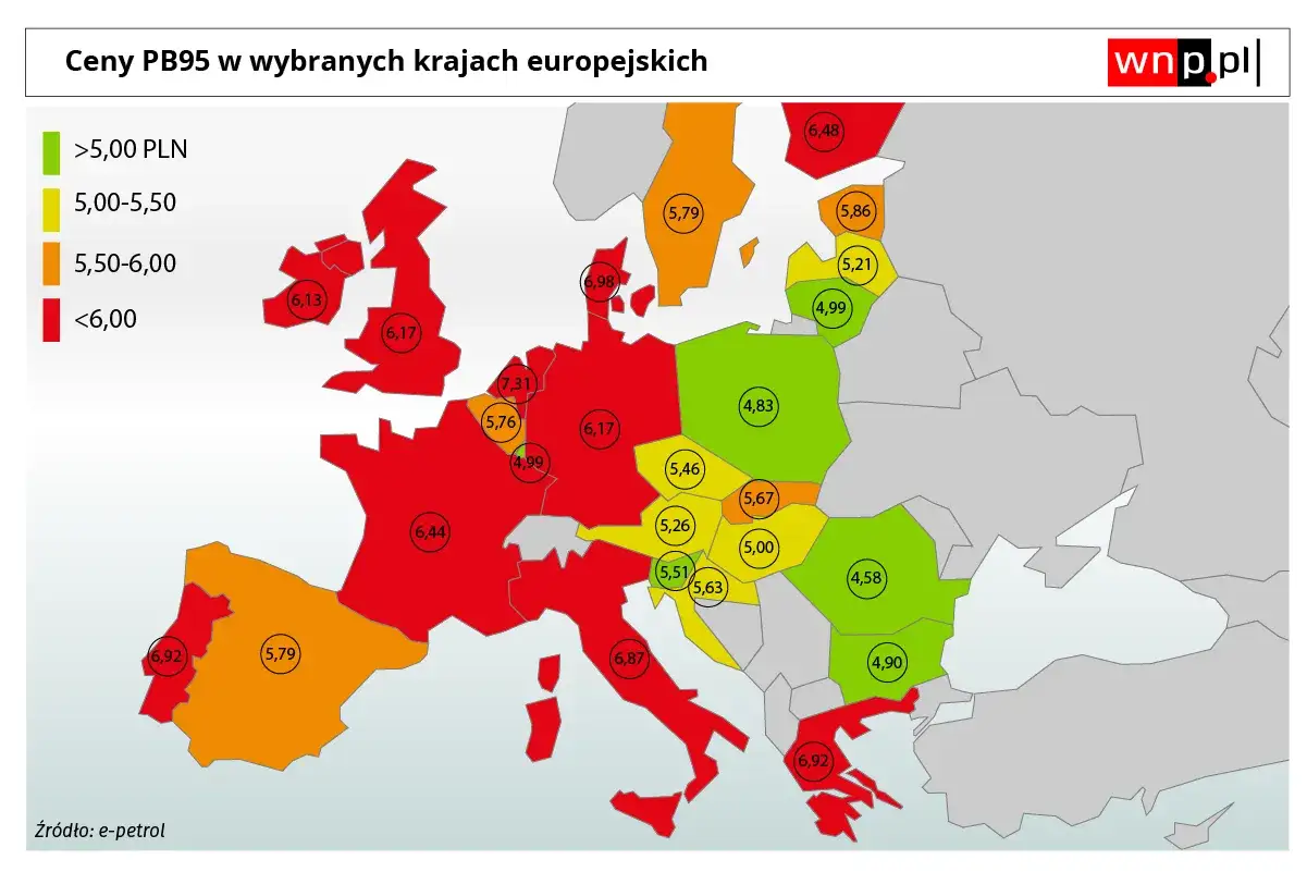 Mapa Europy pokazuje ceny paliwa PB95. Zielone kraje mają najtańsze paliwo, czerwone najdroższe. Kiedy tansze paliwo, warto tankować w krajach zielonych.