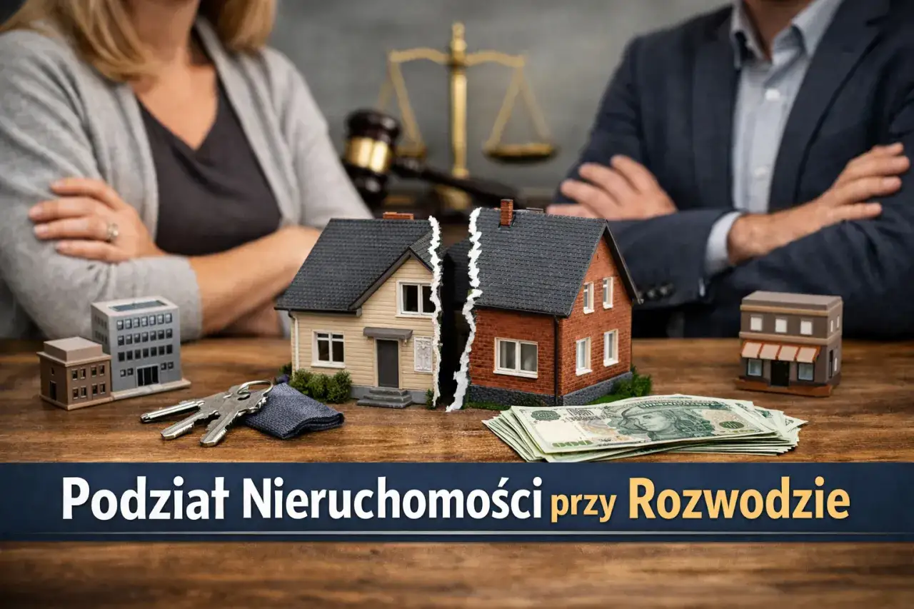 Symboliczny podział mieszkania po rozwodzie: rozdzielony dom, klucze, pieniądze i waga sprawiedliwości.