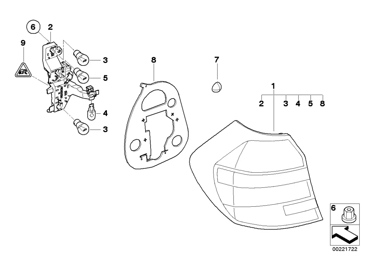 Schemat tylnej lampy BMW E87. Widoczne żarówki (3, 4, 5), obudowa (8) i klosz (1).