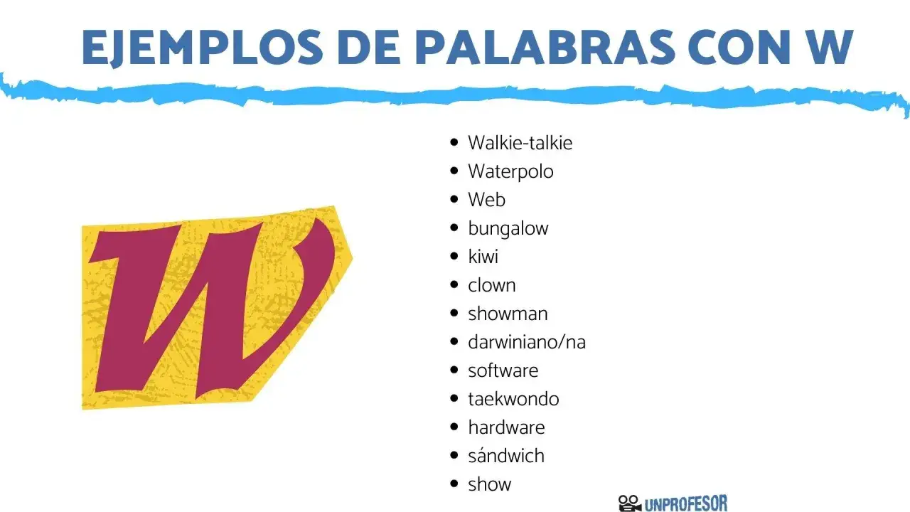 Lista de palabras con W: walkie-talkie, waterpolo, web, bungalow, kiwi, clown, showman, darwiniano, software, taekwondo, hardware, s&aacute;ndwich, show.