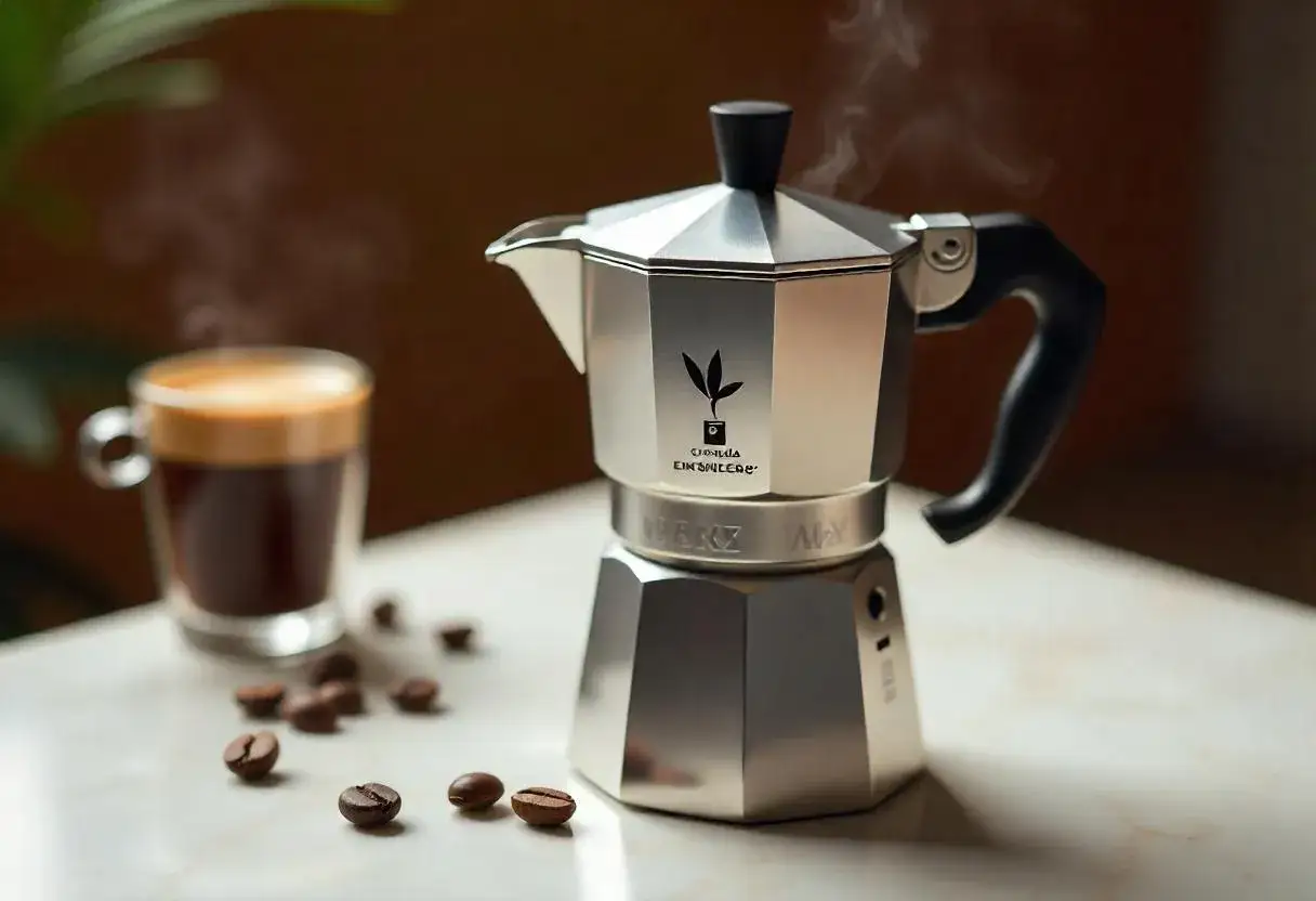 Moka vs espresso: una moka fumante accanto a una tazza di caff&egrave;, chicchi sparsi.
