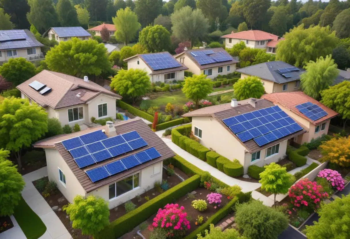Villor med solpaneler p&aring; taken, en investering som s&auml;nker driftskostnad villa. Gr&ouml;nskande tr&auml;dg&aring;rdar och v&auml;lsk&ouml;tta h&auml;ckar.