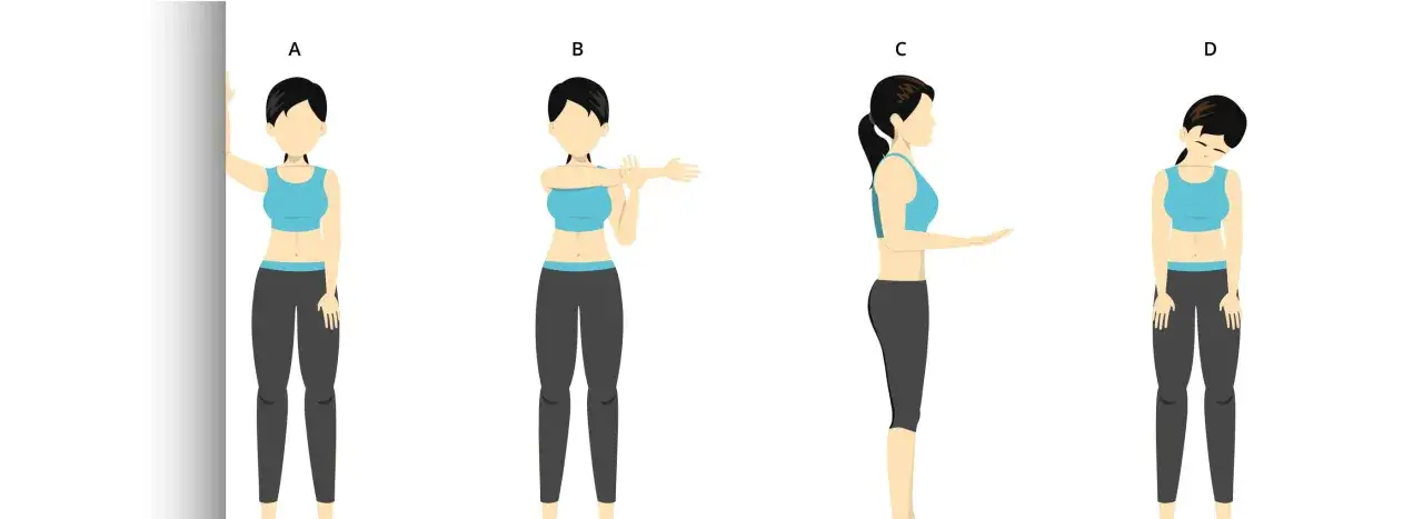 Esercizi per artrosi spalla: stretching del braccio contro il muro, rotazione, flessione e inclinazione del collo.