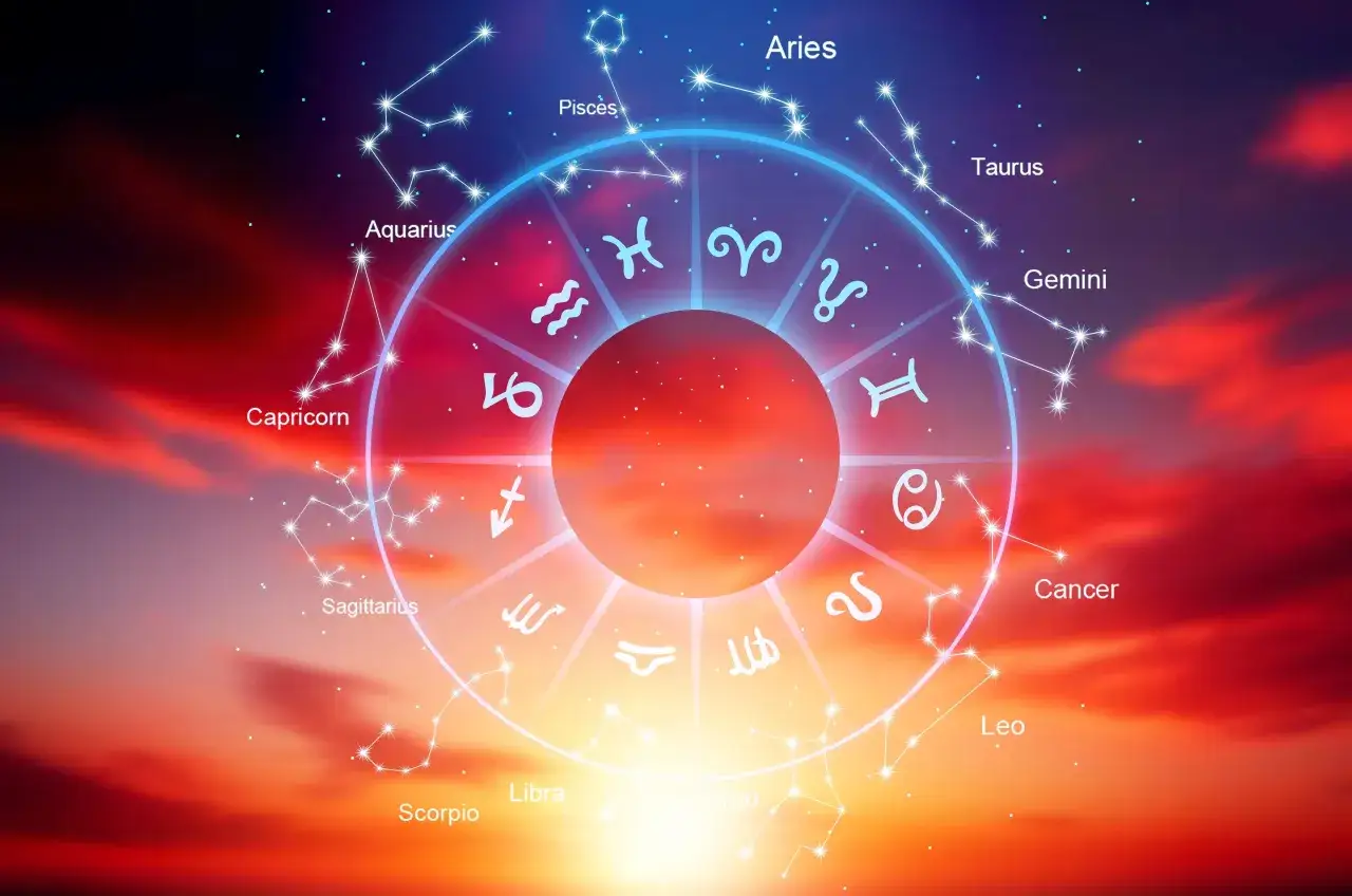 Koło zodiaku z symbolami i gwiazdozbiorami na tle zachodzącego słońca. Jowisz w Raku symbolizuje emocjonalną siłę i intuicję.