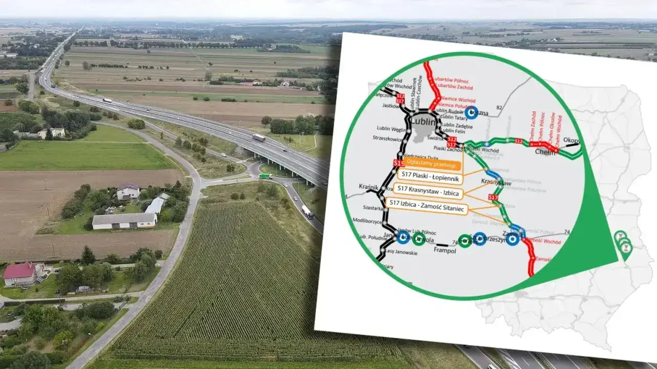 Droga S17, ruchliwy odcinek Chełm - Zamość przez Krasnystaw, z widokiem na pola i autostradę.
