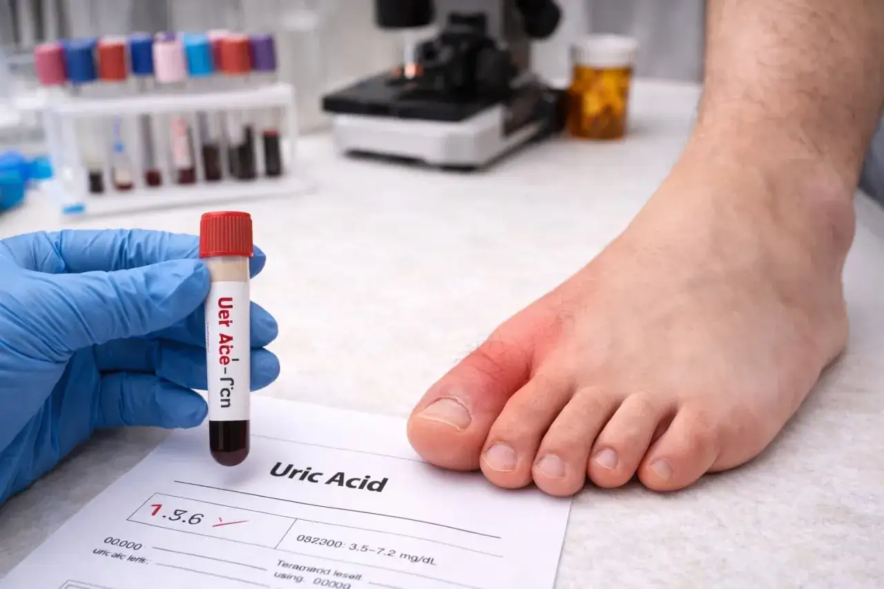 Badanie kwas moczowy: zaczerwieniony palec u nogi i probówka z krwią. Wynik badania na kwas moczowy.