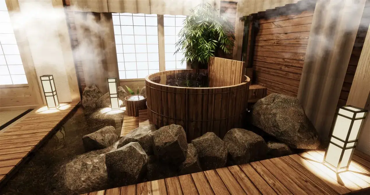 Relajante escena de baños japoneses con tina de madera, rocas, bambú y luces tenues.