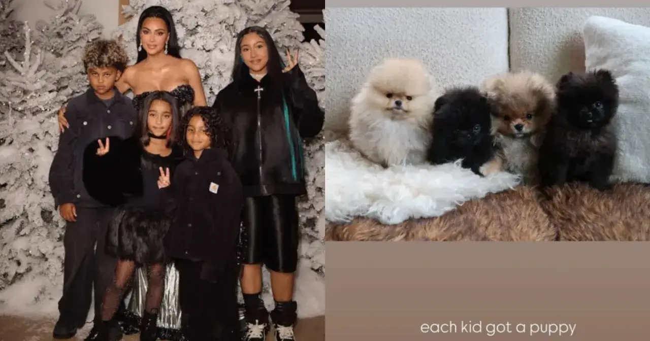 Kim Kardashian z dziećmi pozuje do zdjęcia świątecznego. Obok cztery urocze szczeniaczki, po jednym dla każdego z kim kardashian dzieci.