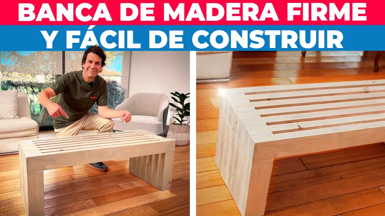 Aprende como hacer un banco de madera sencillo y firme. Un hombre se&ntilde;ala un banco de listones de madera clara.