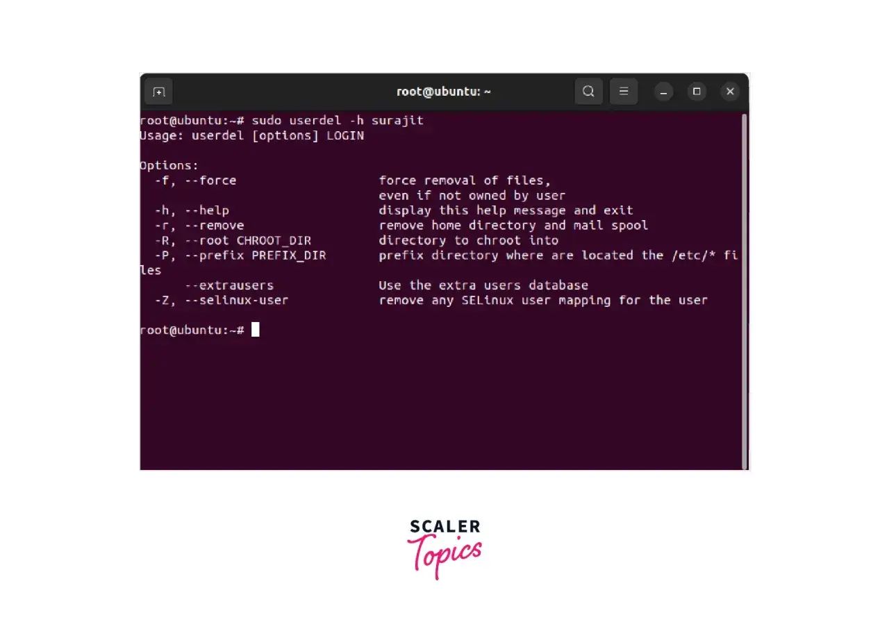 Commande pour supprimer un utilisateur Linux : `sudo userdel -h surajit` affiche l'aide.