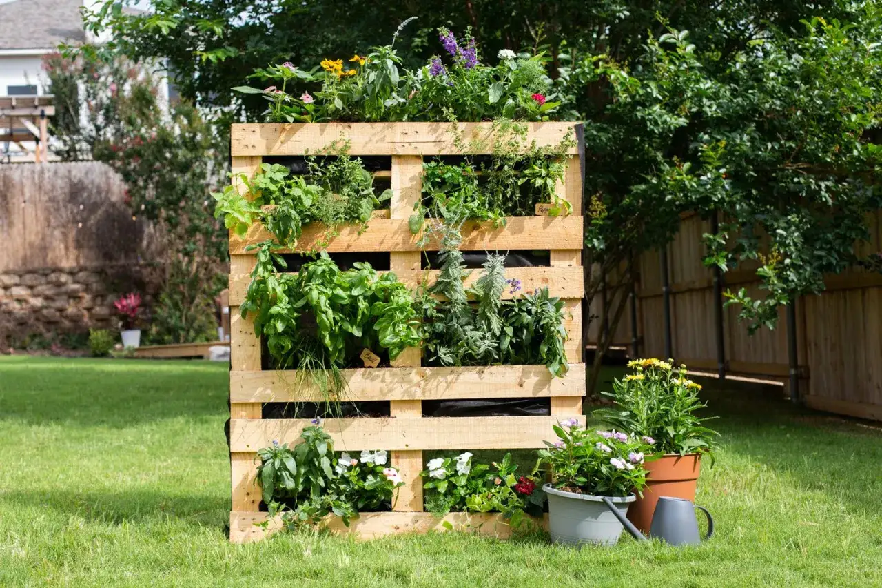 Jardini&egrave;re en palette d&eacute;bordant d'herbes aromatiques et de fleurs color&eacute;es, un potager vertical ing&eacute;nieux pour un petit espace.