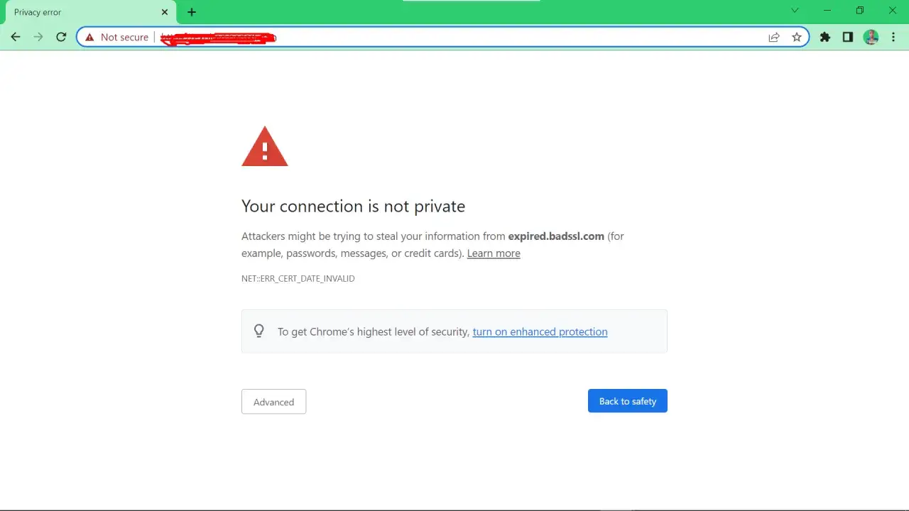 Błąd połączenia: Twoje połączenie nie jest prywatne. Wystąpił problem z protokołem SSL, NET::ERR_CERT_DATE_INVALID.