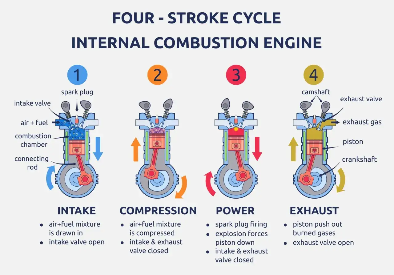 Diagrama de los cuatro ciclos de motor: admisión, compresión, explosión y escape. Muestra el pistón, válvulas y bujía en cada fase.