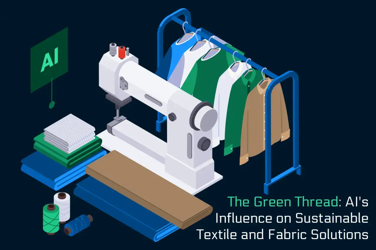 KI-gest&uuml;tzte N&auml;hmaschine, Stoffe und Kleidung auf B&uuml;geln symbolisieren nachhaltige Textilproduktion.